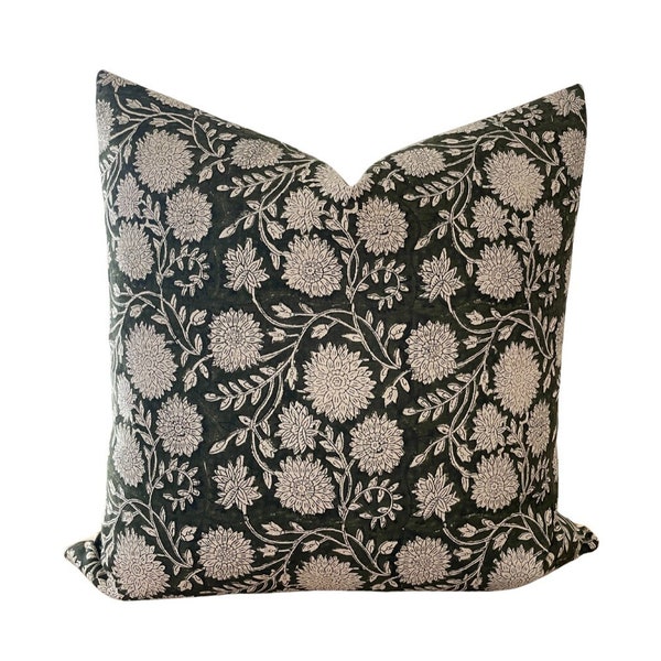 Talia| Green Floral Pillow Cover, Designer Pillow, Block Print Linen Pillow, Green Pillow, Dark Green Pillow, Fall Pillow, Olive Pillow