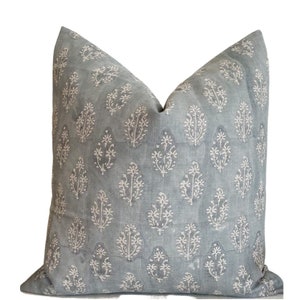Waverly Designer Pillow Cover | Decorative Pillow Cover | Coastal Blue Grey Pillow Cover | Neutral Home Decor | Designer Block Print Pillow|