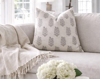 Ginny | Hand Block Linen Pillow Cover | Beige Floral Throw Pillow,  Designer Fabric, Home Decor, Throw
