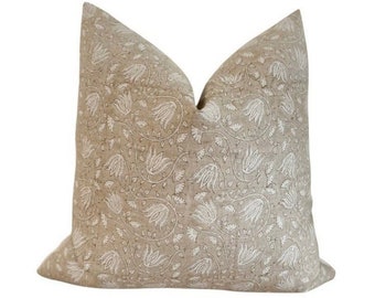 Beige Floral Linen Pillow Cover | Hand-Block Print Designer Pillow
