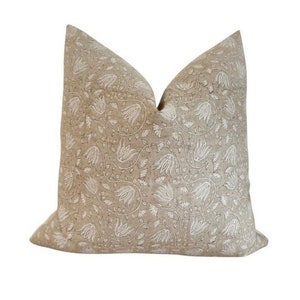 Sloane Designer Pillow| Beige Floral Pillow| Neutral Pillow| Brown Pillow| Linen Pillow| Block Print Pillow| Tan Pillow| Coastal Pillow