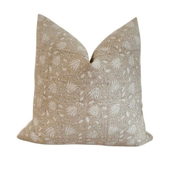 Beige Floral Linen Pillow Cover | Hand-Block Print Designer Pillow