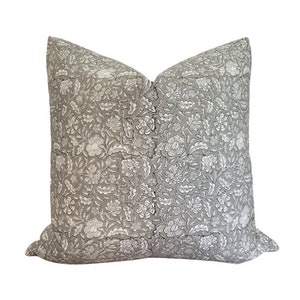 Clara Floral Pillow Cover| Gray Floral Handblocked Pillow Cover| Neutral Home Decor| Designer Pillow Cover| Decorative Pillow| 20x20| 18x18