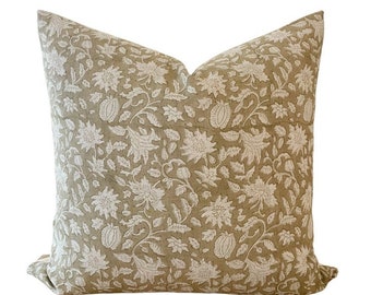 Sage| Designer Floral Pillow Cover, Linen Pillow, Neutral Pillow, Muted Pillow,  Beige Pillow, Sage Green Pillow, Block Print Pillow Cover