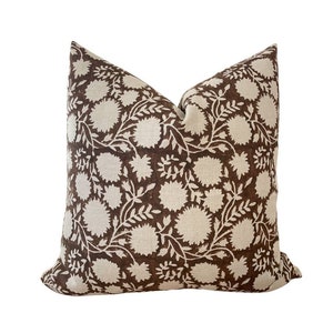 Nora| Designer Pillow Cover, Floral Linen Pillow, Brown Pillow, Neutral Pillow, Block Print Pillow, Decorative Handblocked Pillow