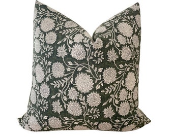 Talia| Green Floral Pillow Cover, Designer Pillow, Block Print Linen Pillow, Green Pillow, Dark Green Pillow, Fall Pillow, Olive Pillow