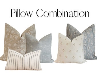 Waverly Pillow Combo| Designer Pillow Covers| Sofa Pillow Combination | Block Print Pillows| Decorative Pillow| Linen pillow| Coastal Pillow