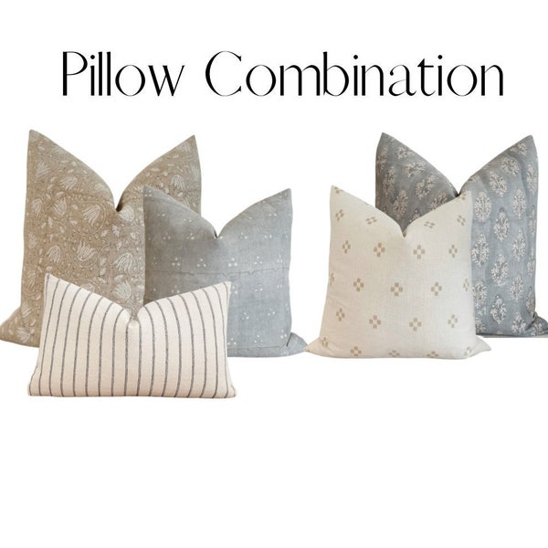 Waverly Pillow Combo| Designer Pillow Covers| Sofa Pillow Combination | Neutral Home Decor| Decorative Pillow Covers | 22x22 | 20x20|14x20|