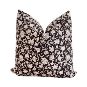 Everly Black Floral Pillow Cover | Linen Pillow | Neutral Pillow| Decorative Pillow| Farmhouse Pillow | Designer Pillow| block Print Pillow|