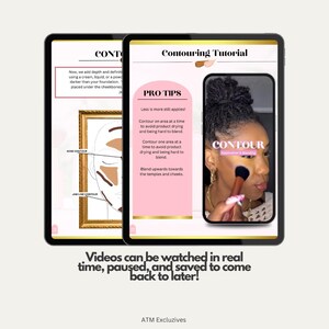 Pu&ograve; includere: Lo schermo di un tablet digitale mostra un tutorial sul contouring del trucco. Il tutorial include un diagramma di un viso con aree evidenziate per il contouring, oltre a una foto di una persona che applica il trucco. Il testo sullo schermo recita "Contouring Tutorial" e "Pro Tips".