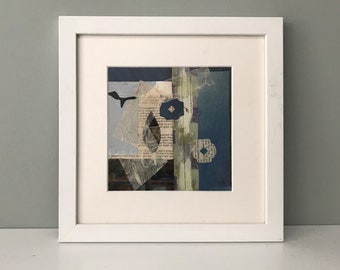 Blue Collage 3, Framed Original Abstract Collage