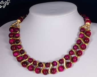 Collier Statement tigereye fuchsia Necklace Ladies extraordinary 18K Gold Plated