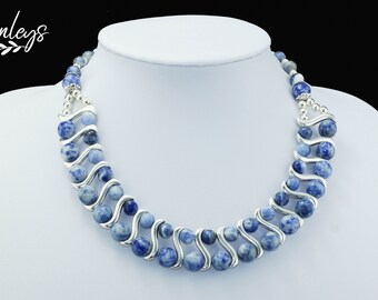 Sodalite Collier Necklace Statement Necklace Ladies Gemstone Jewelry real Platin plated