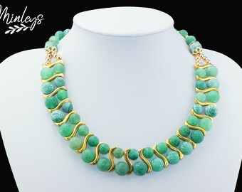 Collier Necklace Ladies Gemstone Statement Necklace Jewelry Green Crackled Agate 18K Gold Plated