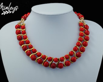 Collier Woman Gift, Statement necklace, made of red mashan jade, coral color, 18k gold plated