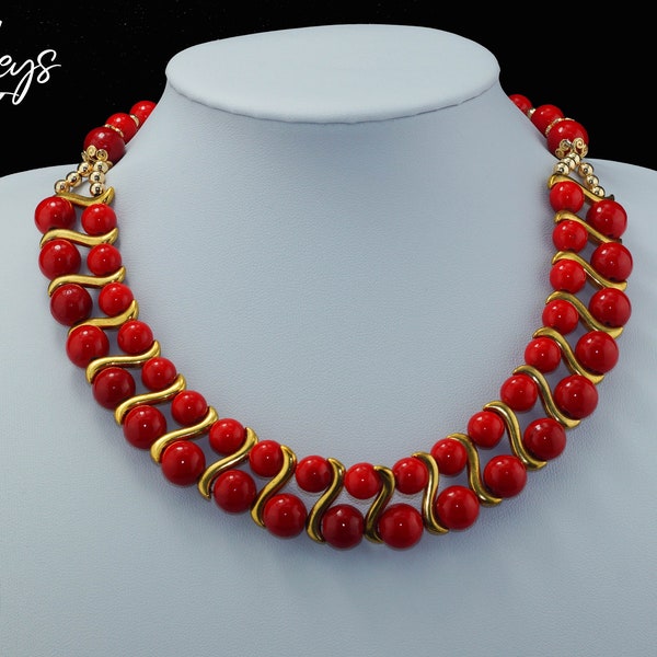 Collier Woman Gift, Statement necklace, made of red mashan jade, coral color, 18k gold plated