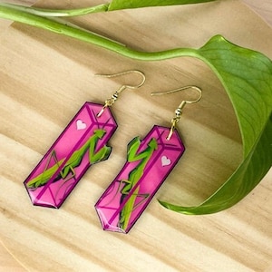 Praying Mantis Valentines - Hand Drawn, Handmade Dangle Earrings