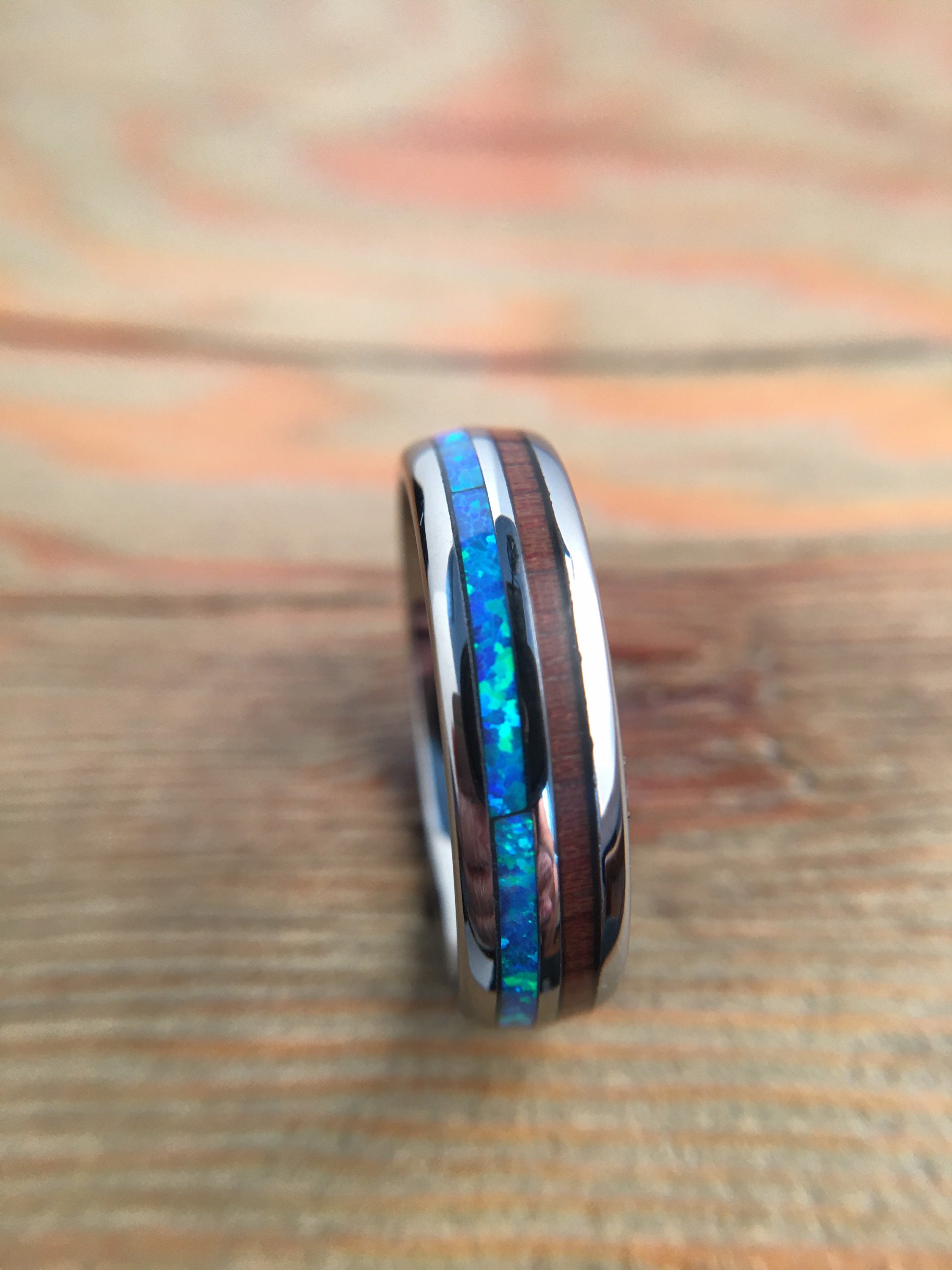 Koa Wood Ring Blue Opal Inlay Tungsten Ring Mens Wedding Etsy