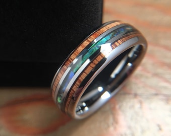 Koa Wood Ring, Abalone Shell/Blue Inlay, Tungsten Rings, Koa Wood Ring for Men and women, 8mm Koa Wood Band, Tungsten Band, Tungsten Ring