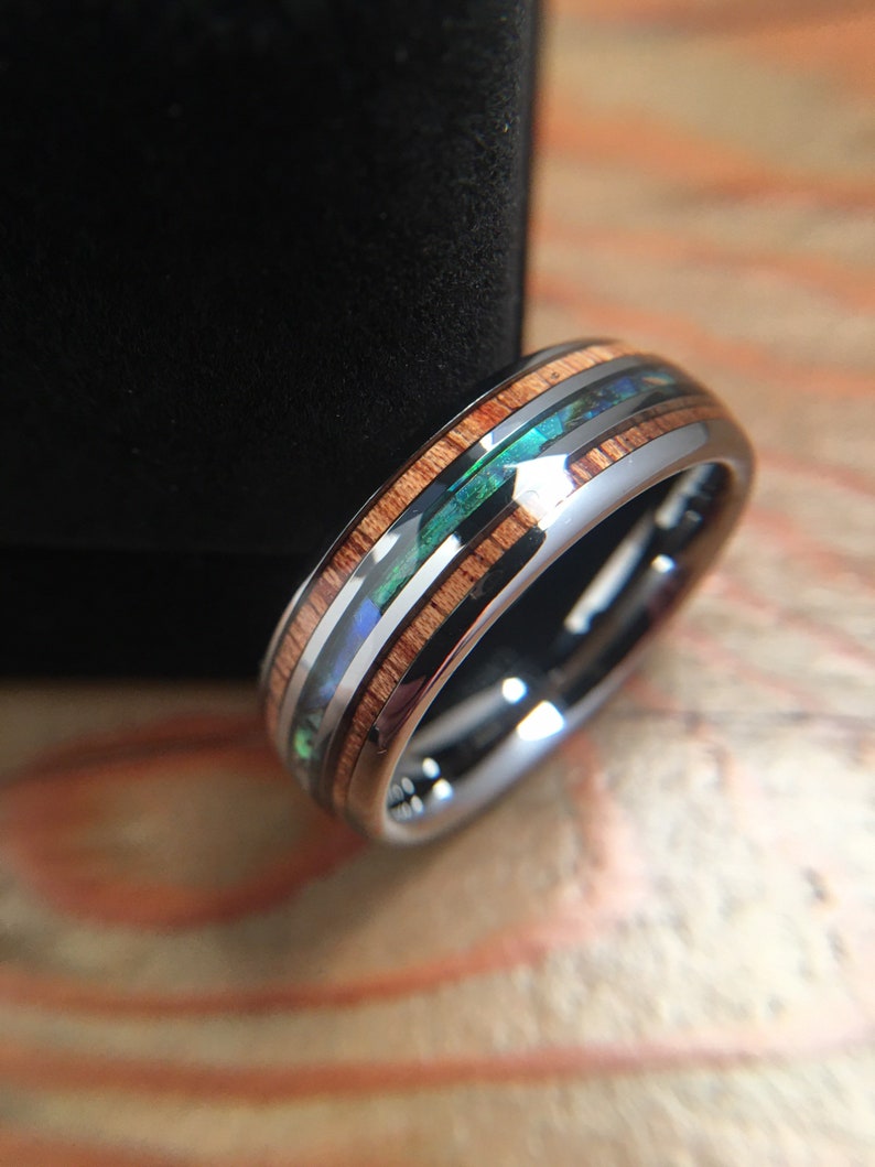 Koa Wood Ring, Abalone Shell/Blue Inlay, Tungsten Rings, Koa Wood Ring for Men and women, 8mm Koa Wood Band, Tungsten Band, Tungsten Ring 