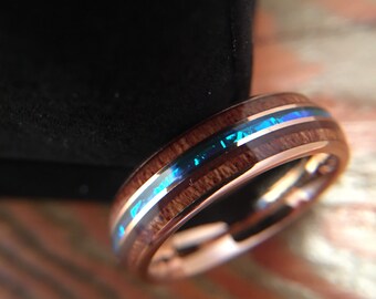 Koa Wood Ring, Abalone Shell/Blue Inlay, Tungsten Ring, Men's Wedding Band, Tungsten, 6mmTungsten , Rose Gold Ring, Koa Wood Band, 6mm Ring