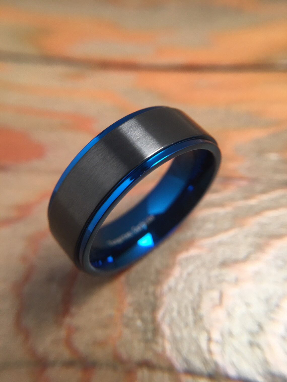 Matte-Finish Black and Blue Plated 8mm Tungsten Steel Mens image 1