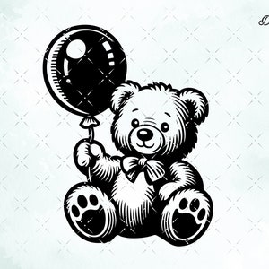 May include: A black and white illustration of a teddy bear holding a black balloon. The teddy bear is sitting down with its paws in front of it. The balloon is tied to the bear's paw.