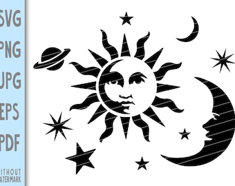 Himmlische Sonne und Mond Svg geschnitten Datei Png. Enthält Sonne und Mond Svg geschnitten Dateien für Cricut png, pdf, eps, jpg auch enthalten.