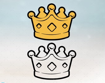 May include: Two versions of a crown, one in yellow and one in black outline. Both crowns have five points and a diamond shape in the center.