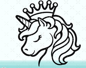 May include: Black and white line art illustration of a unicorn wearing a crown. The unicorn is facing left and has its eyes closed. The crown has five points.