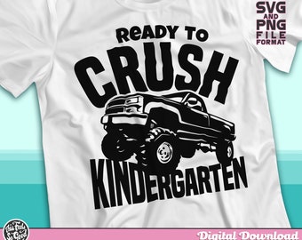 Puede incluir: Diseño gráfico en blanco y negro de una camioneta pick-up con el texto "Ready to Crush Kindergarten".