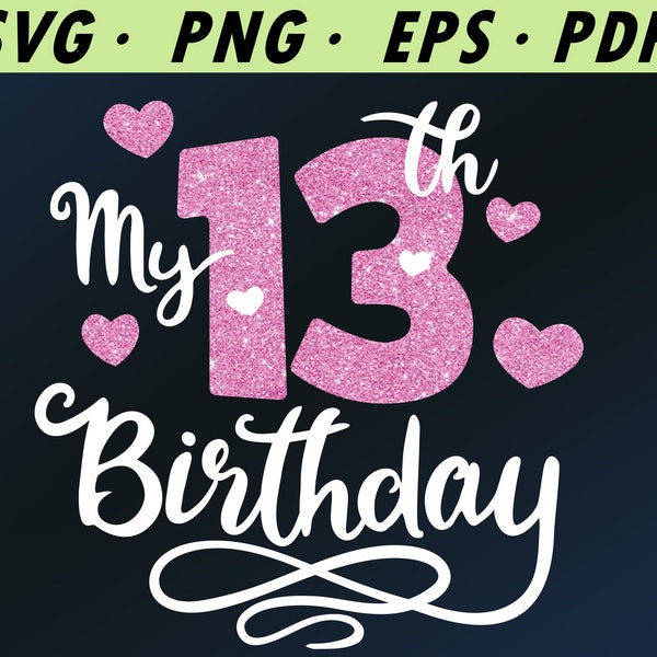 My Thirteenth Birthday SVG files for Cricut, teenager 13, 13th, birthday girl svg design downloadable vector png.