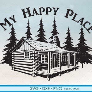 Può includere: Silhouette in bianco e nero di una capanna nel bosco con il testo "My Happy Place" intorno.