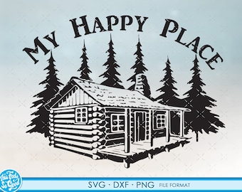 Pode incluir: Silhueta preta e branca de uma cabana na floresta com o texto "My Happy Place" ao redor.