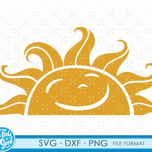 May include: A yellow sun with a smiling face and a stylised sunburst design. The sun is isolated on a white background.