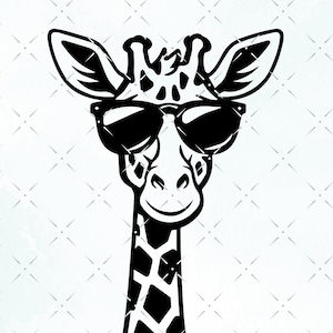 May include: A black and white graphic of a giraffe wearing sunglasses. The giraffe has a long neck with a patterned design, large ears, and a smiling face. The image is set against a white background.