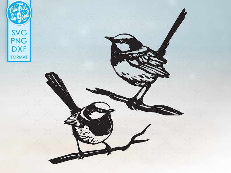 Op de afbeelding: Twee zwarte silhouet-illustraties van vogels die op takken zitten. De vogels hebben een afgeronde lichaamsvorm met een lange staart en een korte snavel. De takken zijn gestileerd en hebben een paar bladeren.