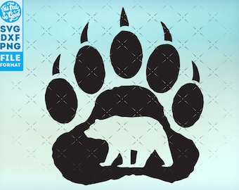 May include: Black silhouette of a bear paw print with a white bear silhouette inside the print.