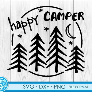 May include: Black and white graphic design with the text "happy CAMPER" in a circle. The design features a crescent moon, stars, and five stylized pine trees.