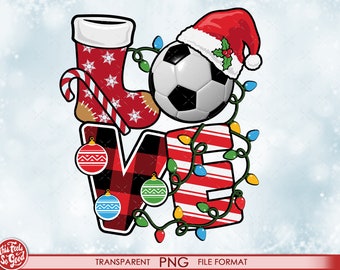 May include: A red, white, and green "LOVE" graphic with a soccer ball, a candy cane, a stocking, and Christmas lights. The letters are decorated with plaid and stripes.