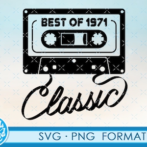 May include: Black and white graphic of a cassette tape with the text "BEST OF 1971" and the word "Classic" written in a cursive font below the tape. The image is on a blue and white background.