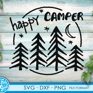 May include: Black and white illustration of a circle with the text "happy camper" inside. The circle contains a crescent moon, stars, and four stylized pine trees.