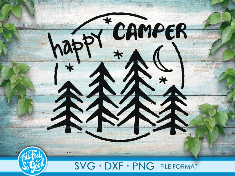 May include: Black and white illustration of a circle with the text "happy camper" inside. The circle contains a crescent moon, stars, and four stylized pine trees.