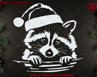 SVG Racoon Christmas svg, Cute Christmas svg cut files for Cricut, Xmas kids svg, Santa Hat, Racoon Shirt svg, png dxf clipart files