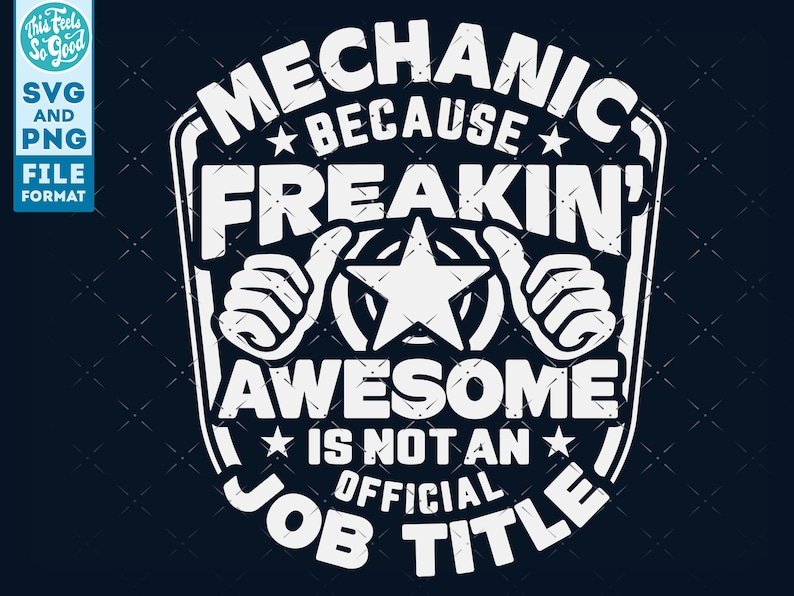 Op de afbeelding: Witte tekst op een donkerblauwe achtergrond luidt "Monteur omdat verdomd geweldig, is geen offici&euml;le functie". De tekst wordt omringd door een witte cirkel met twee duimen omhoog en een ster.