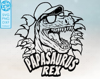 May include: Black and white illustration of a dinosaur wearing sunglasses and a baseball cap. The dinosaur is peeking out from behind a jagged edge. The text "PAPASAURUS REX" is below the dinosaur.