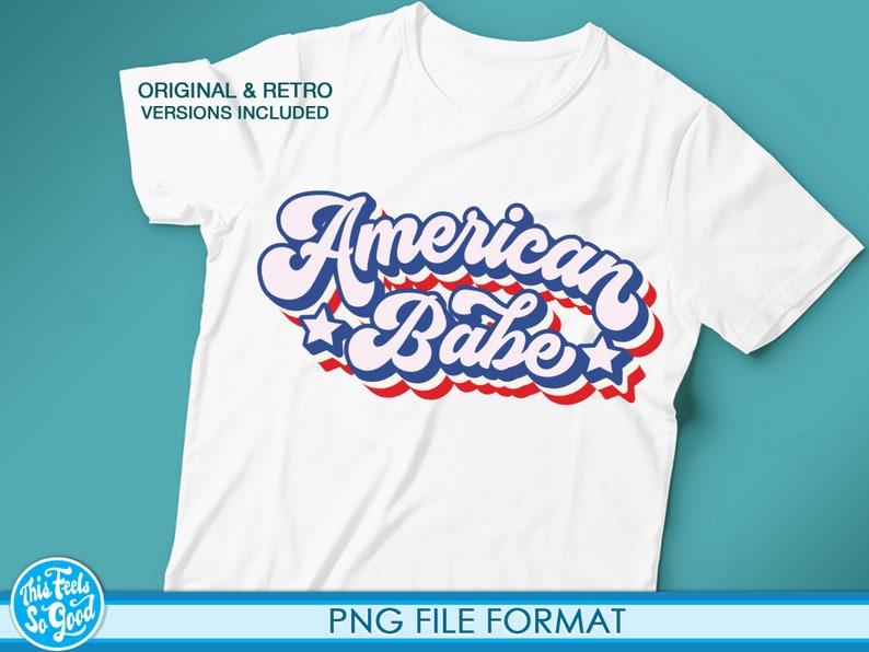 May include: White t-shirt with a red, white, and blue graphic that says "American Babe" in a retro font.