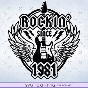 May include: Black and white graphic design of a guitar with wings and the text "Rockin' since 1981".