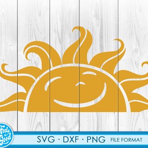 May include: A yellow smiling sun with a simple face and wavy rays. The sun is isolated against a white woodgrain background.