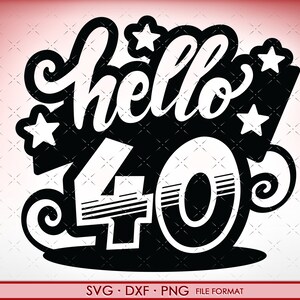 Puede incluir: Diseño en blanco y negro con el texto "hello 40" en una fuente estilizada. El número 40 está en negrita con rayas. Hay cinco estrellas blancas alrededor del texto.